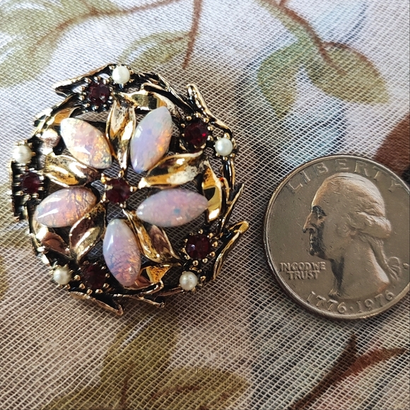 Pink Fire Opal? Seed Pearls Faux Garnet stone Gold Rhodium Plate Vintage Brooch - Picture 3 of 7